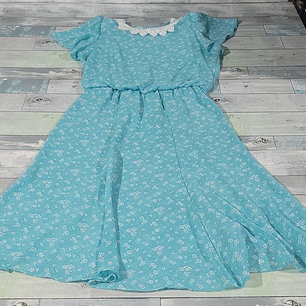Vintage Blue Flower Carriage Court Dress With Shoulder Pads